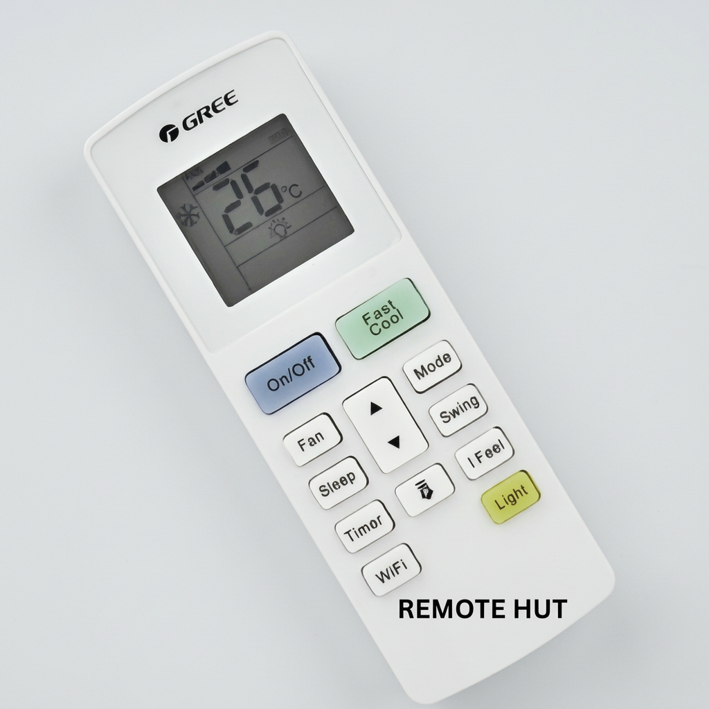 Air conditioner remote control with digital display on a light surface, featuring the brand 'GREE'.