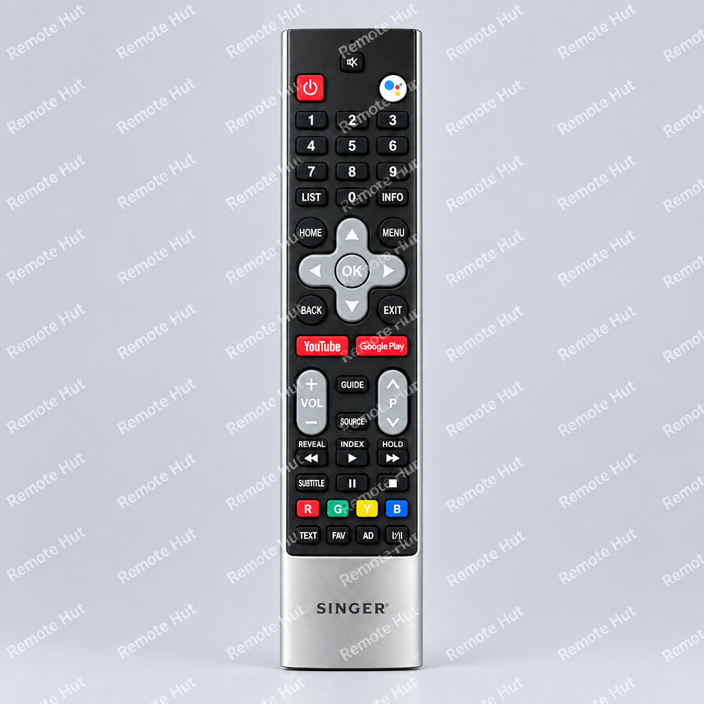 A replacement remote control for a Singer TV, featuring a black faceplate with various colored buttons and a silver metallic base, shown against a light gray background with a faint watermark pattern.