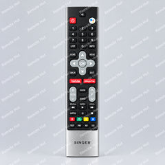 A replacement remote control for a Singer TV, featuring a black faceplate with various colored buttons and a silver metallic base, shown against a light gray background with a faint watermark pattern.