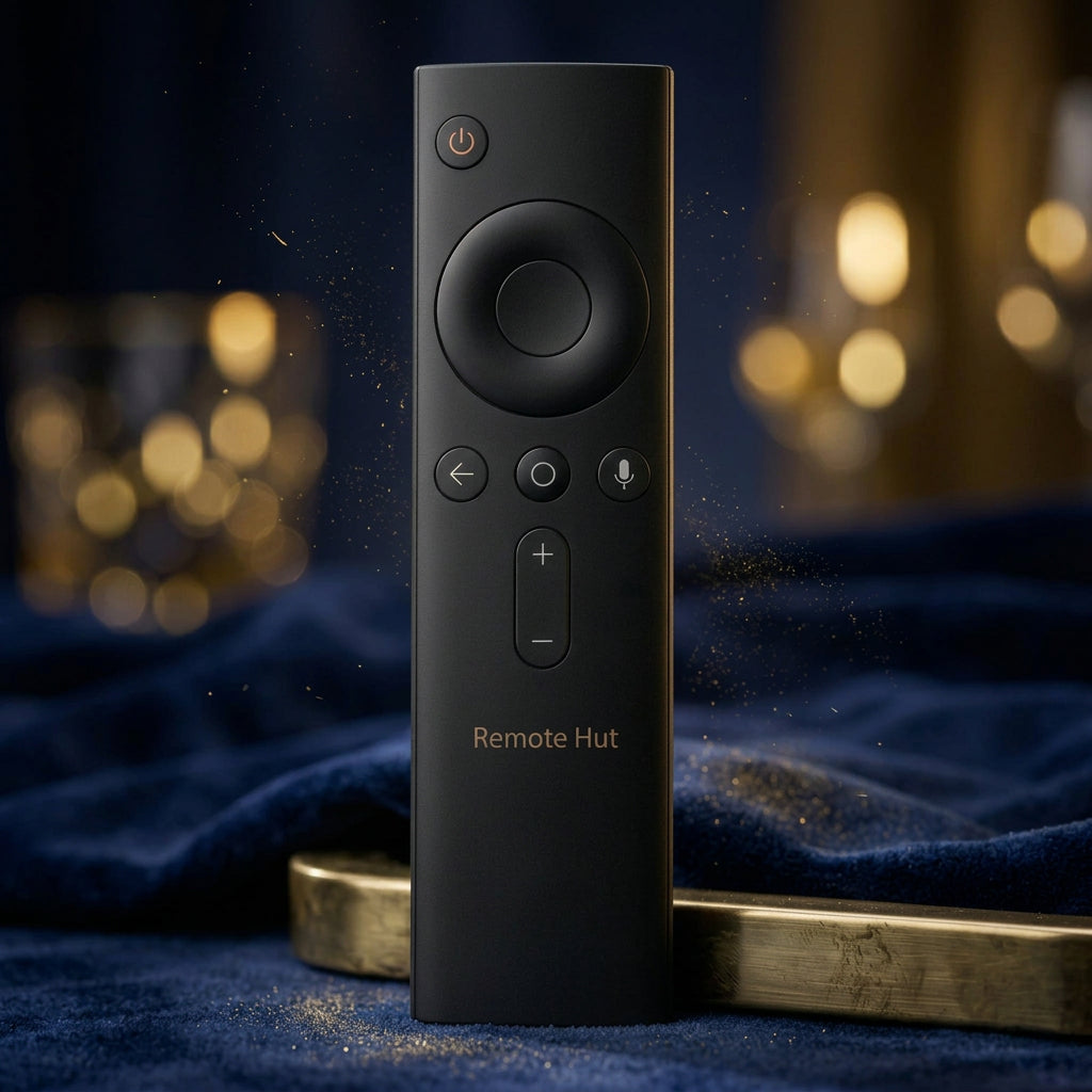 Black remote control with 'REMOTE HUT' text on a neutral background