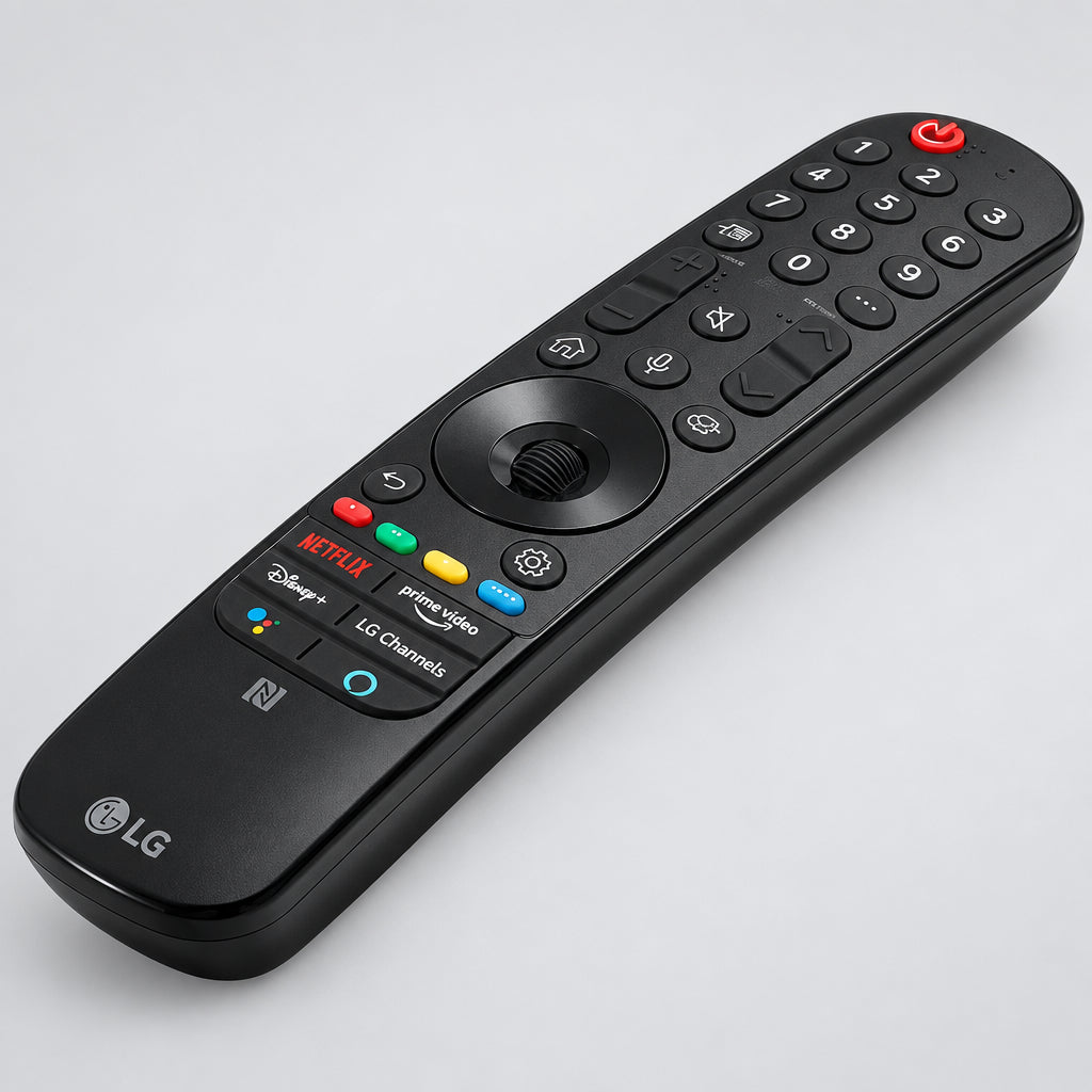 Black LG remote control on a wooden surface with greenery in the background