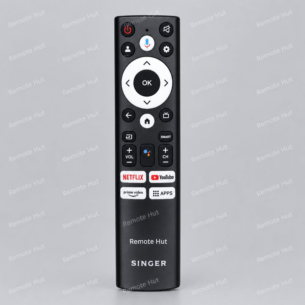 Black remote control with 'Remote Hut' branding on a sandy background
