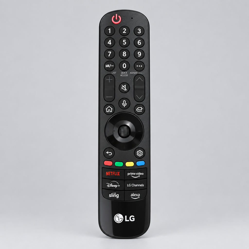 LG remote control with visible brand logos on a light background