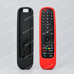 Red remote control with 'Remote Hut' branding on a wooden surface