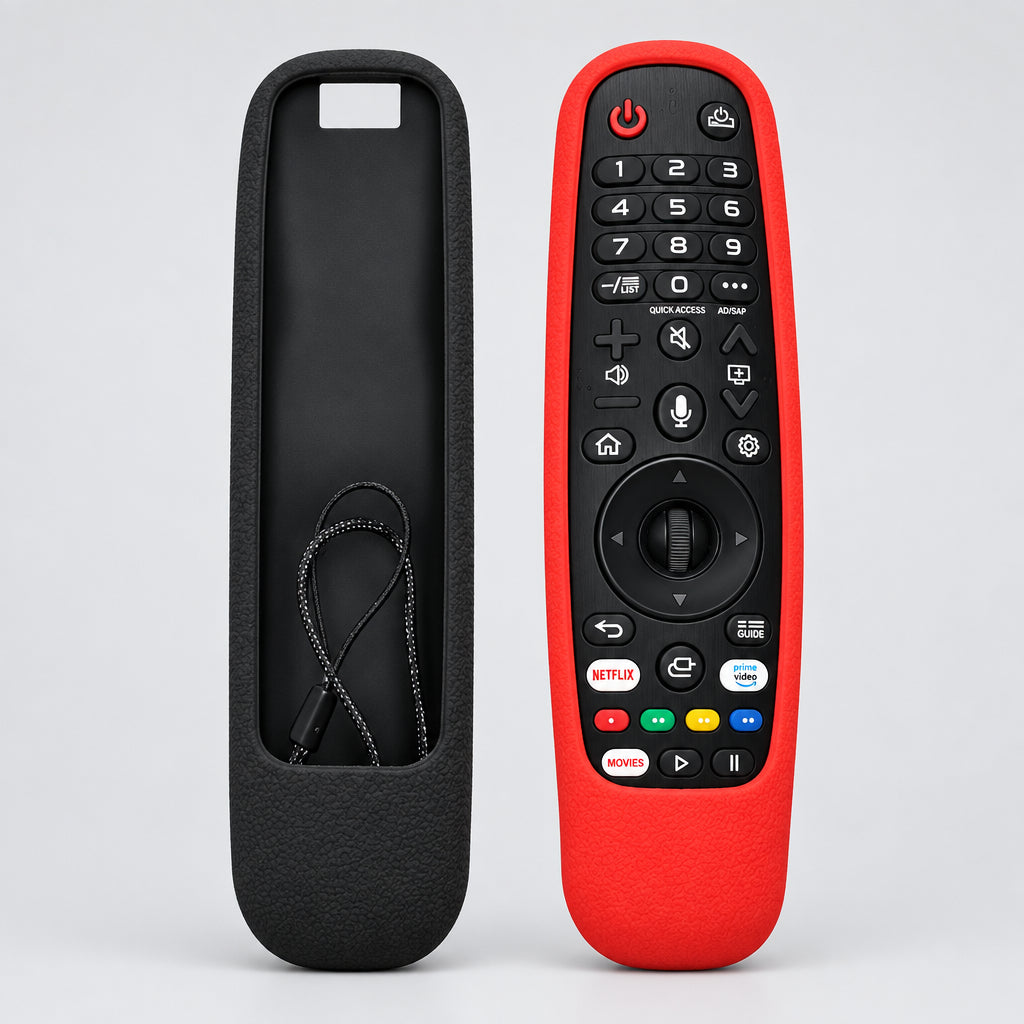 Black remote control case and red remote control with 'REMOTE HUT' branding on a wooden surface.