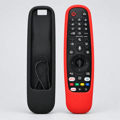 Black remote control case and red remote control with 'REMOTE HUT' branding on a wooden surface.