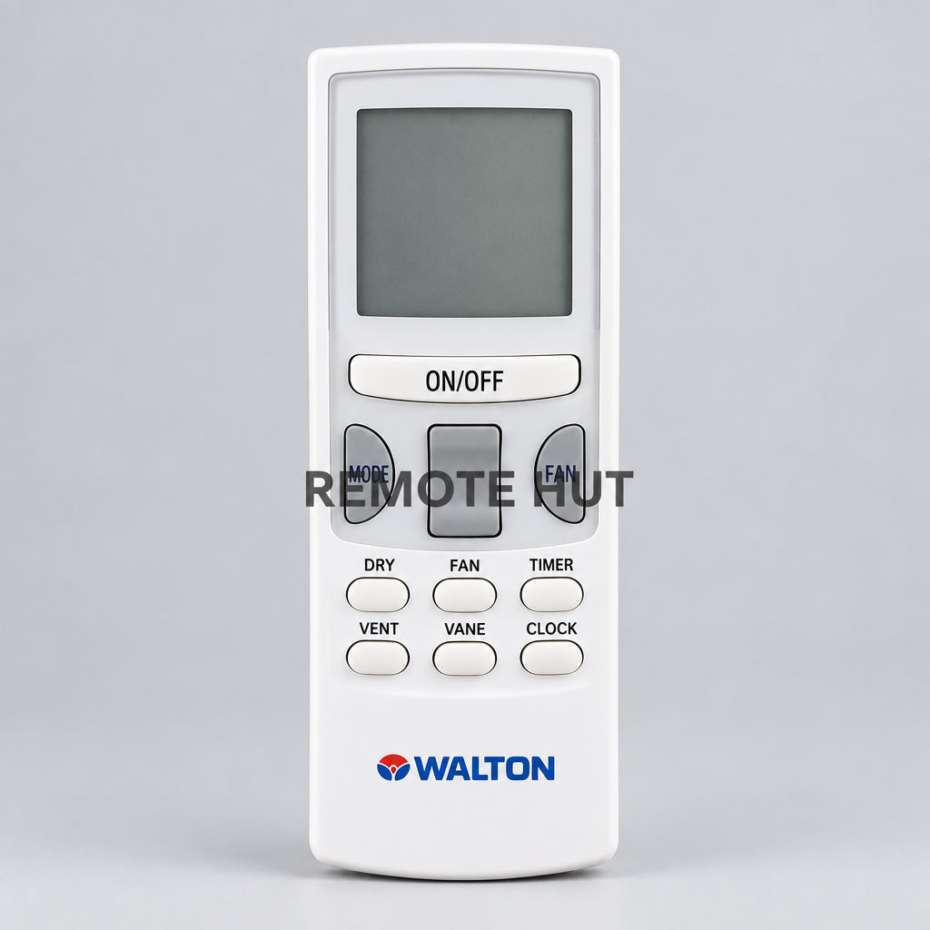 White remote control with Walton branding on a blurred indoor background
