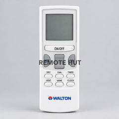 White remote control with Walton branding on a blurred indoor background