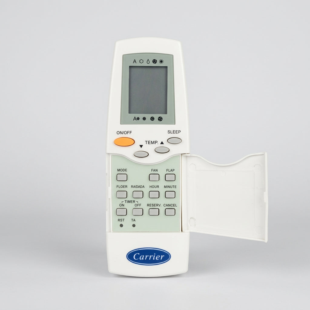 Carrier remote control on a light surface with a plant in the background