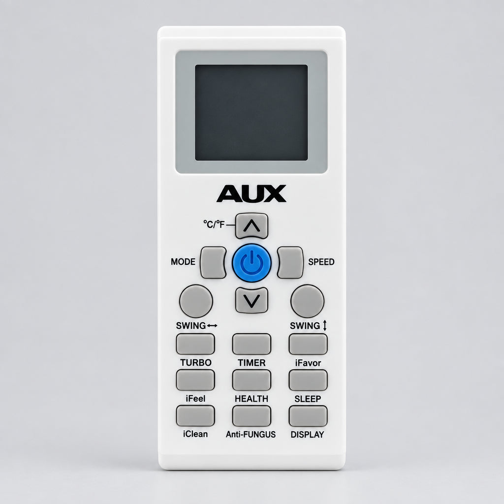 AUX remote control on a table with a blurred background