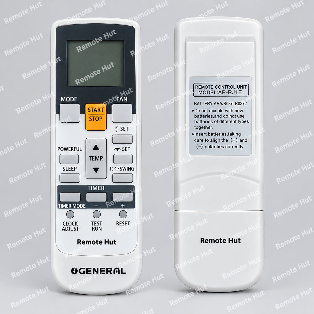 A pair of General Remote Hut wireless remote controls, one showing the front button layout and the other showing the back with a label, on a light gray background.