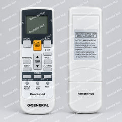 A pair of General Remote Hut wireless remote controls, one showing the front button layout and the other showing the back with a label, on a light gray background.