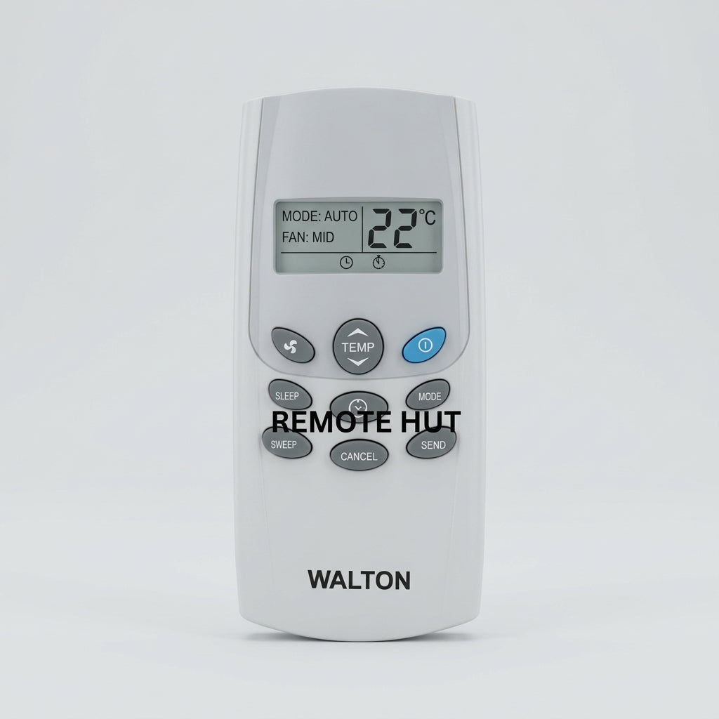 Walton remote control with a blurred indoor background