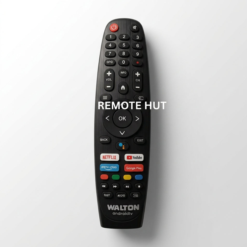 Black remote control with brand name on a marble background