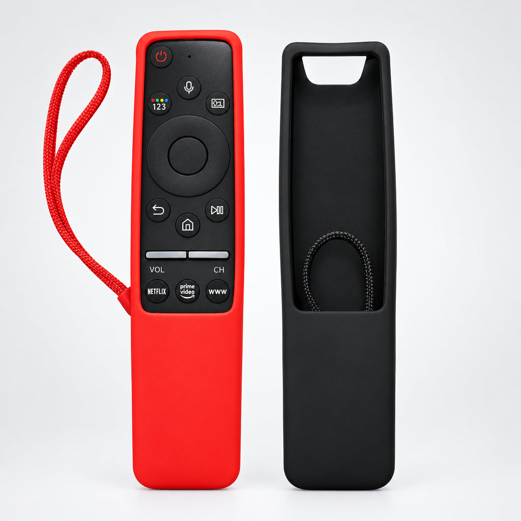 Red remote control with a black case on a textured surface, featuring 'REMOTE HUT' branding.
