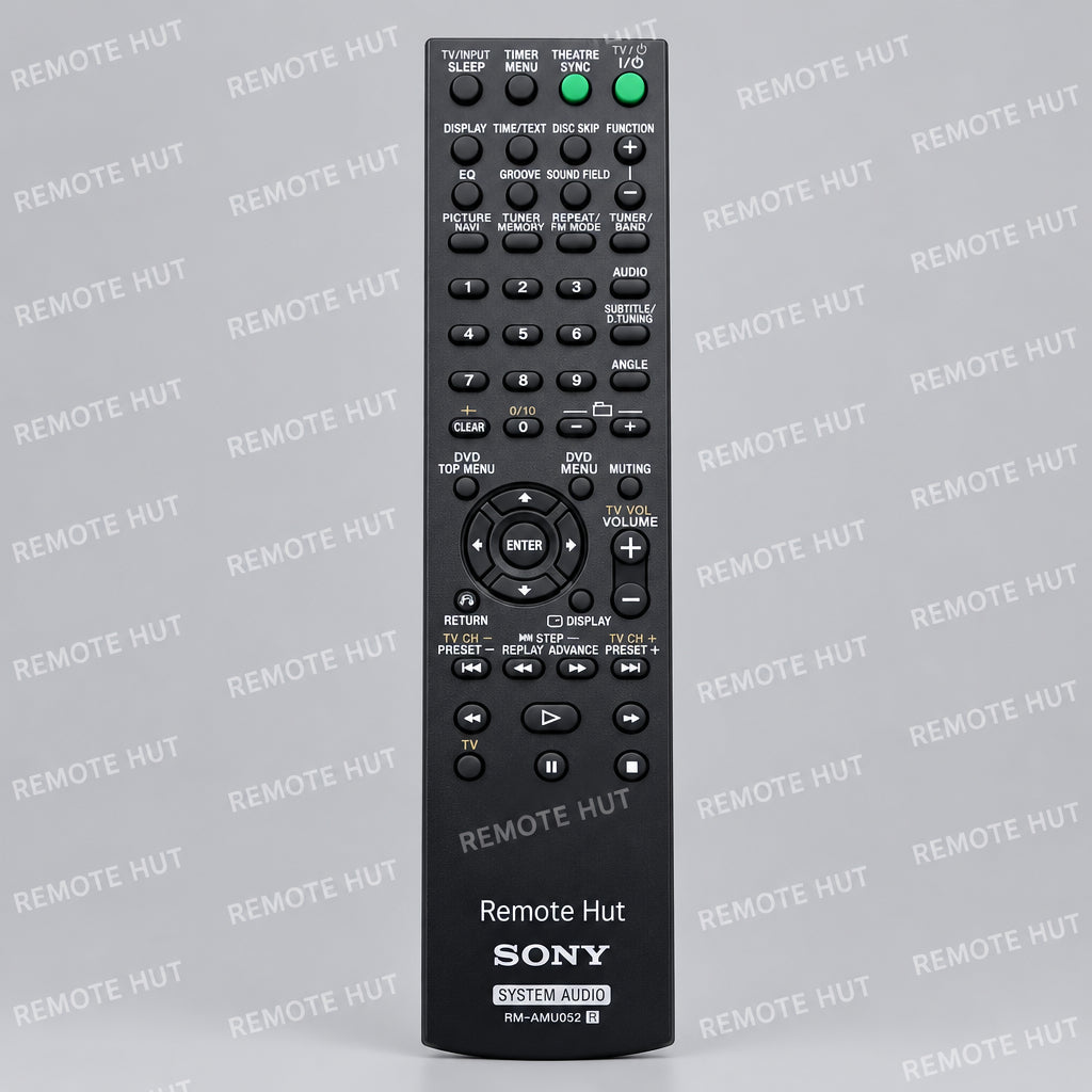 Sony remote control with 'Remote Hut' branding in a kitchen setting