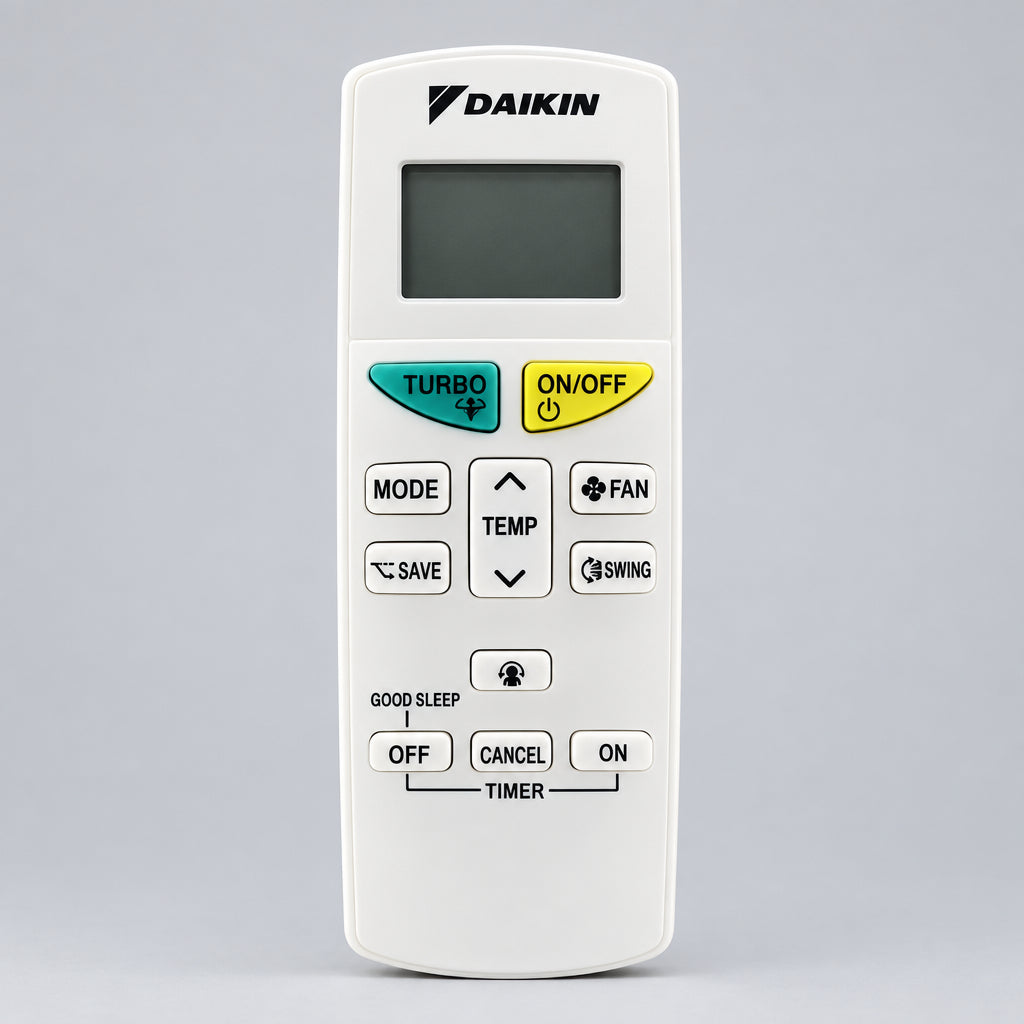 Daikin remote control on a wooden surface with a blurred background