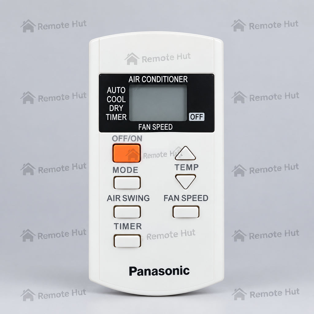 Panasonic air conditioner remote control with 'Remote Hut' branding on a neutral background