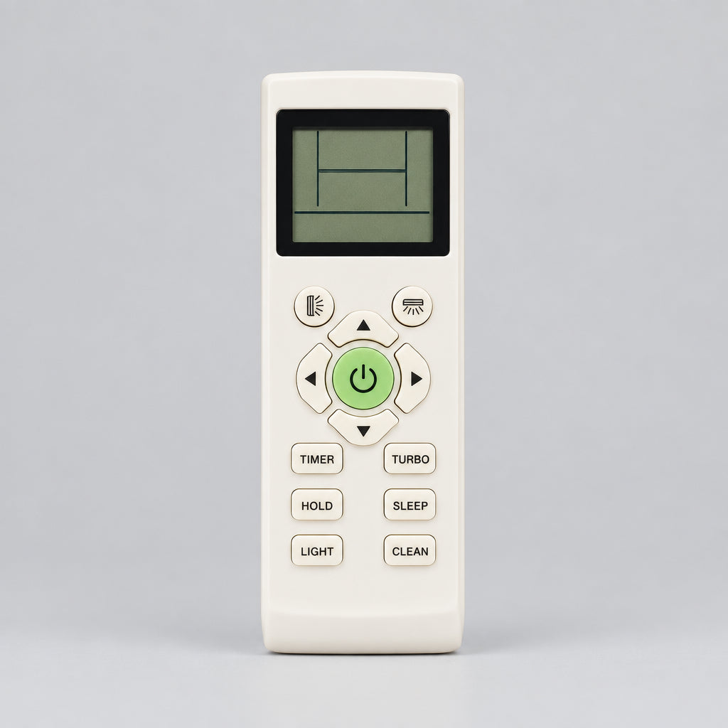 Remote control with 'REMOTE HUT' branding on a kitchen counter