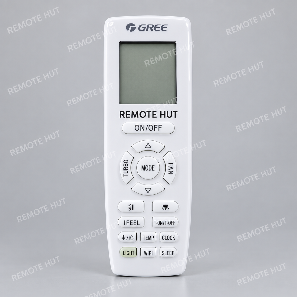 Gree remote control on a wooden floor with a light-colored wall background