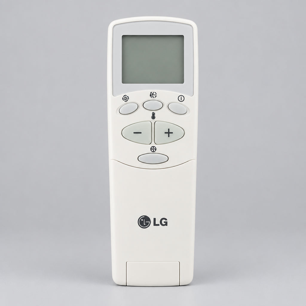 LG remote control with 'REMOTE HUT' branding on a wooden surface.