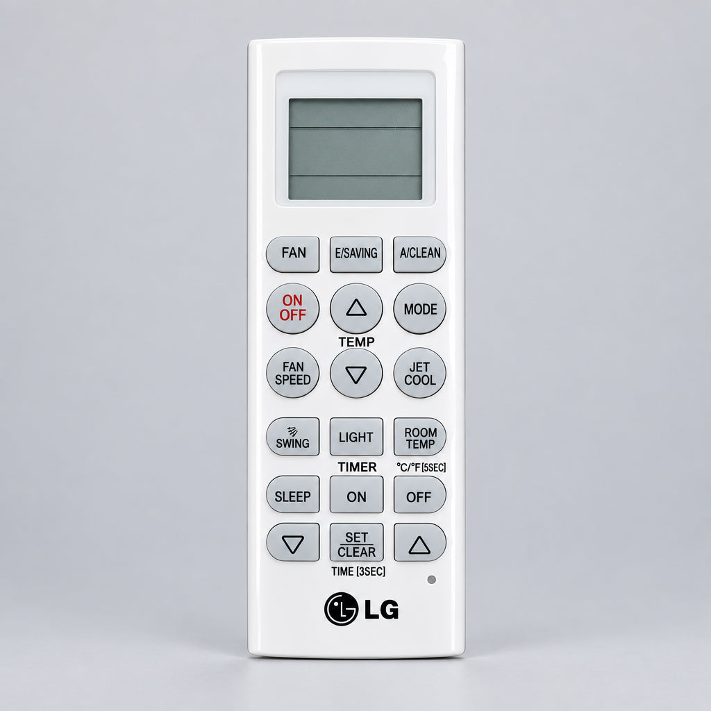 LG remote control with a blurred green background