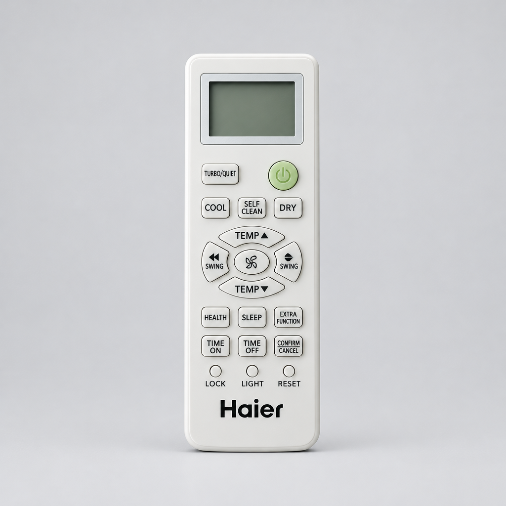 A Haier air conditioner remote control with a white plastic body, green buttons, and a small LCD screen, shown against a plain gray background.