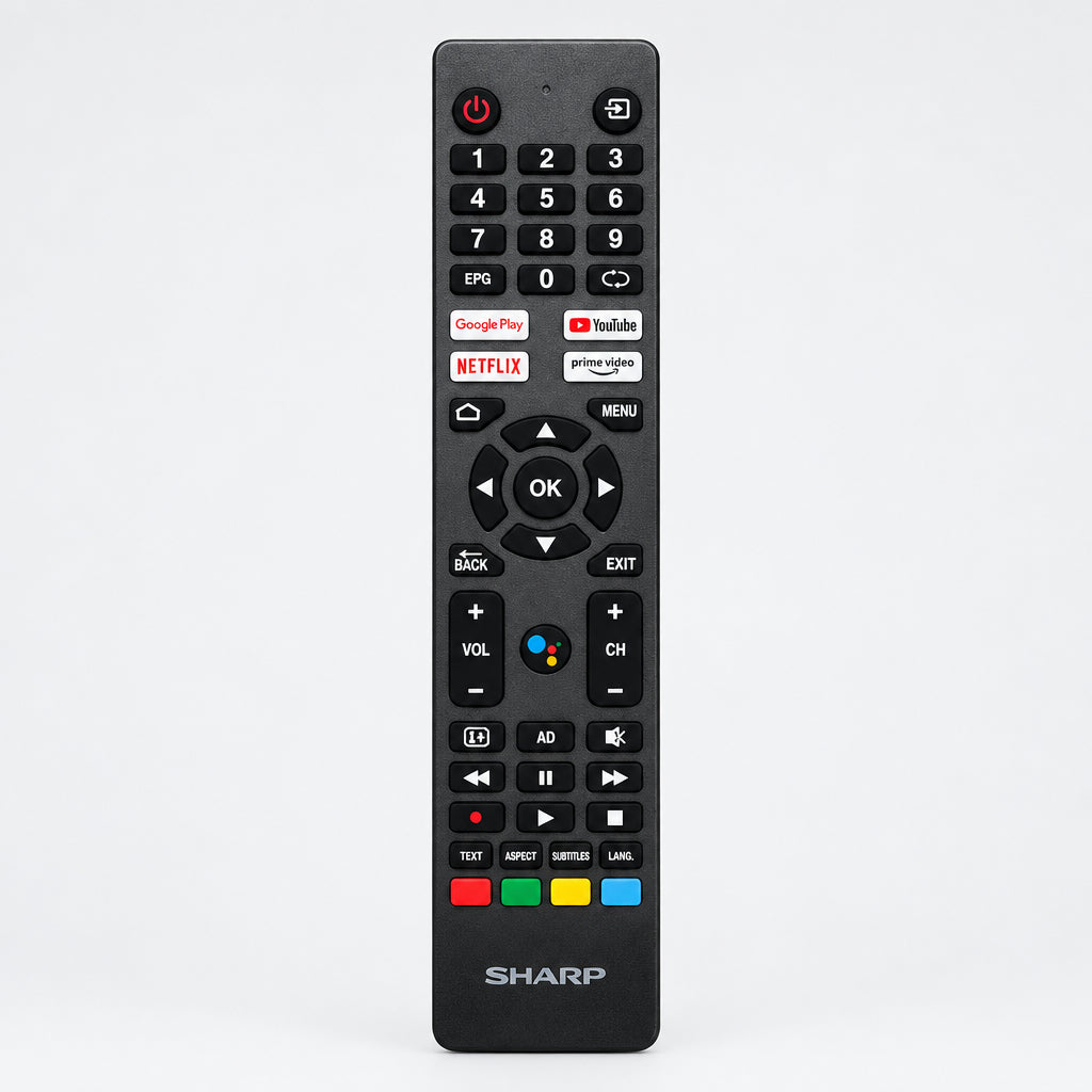 Black Sharp remote control on a white background