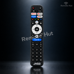 A Jvco remote control with various media and TV buttons, including Netflix, YouTube, and Amazon, shown against a plain gray background.