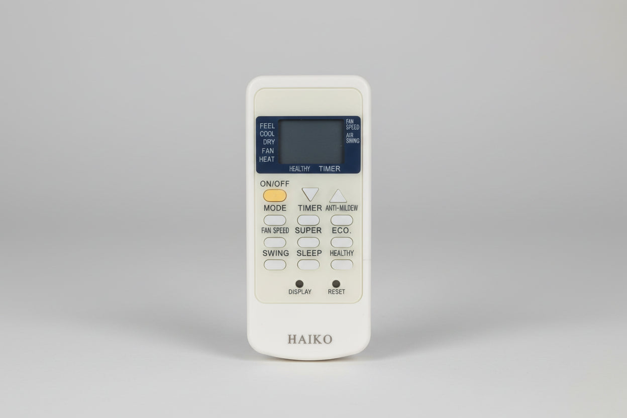 Air conditioning remote control with 'Remote Hut' and 'Haiko' branding on a yellow background