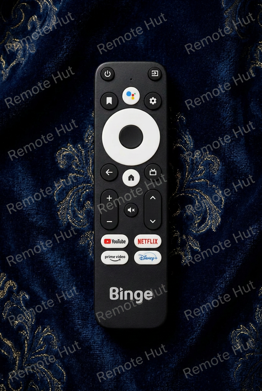 Black remote control with various buttons on a white background