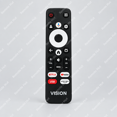 Black remote control with Vision branding on a white background