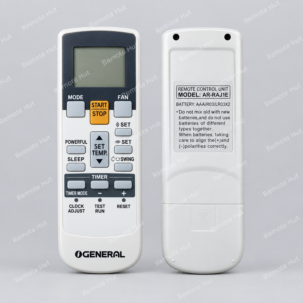 Two remote controls on a white background, one with a screen and buttons, the other with text and labels.