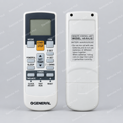 Two remote controls on a white background, one with a screen and buttons, the other with text and labels.