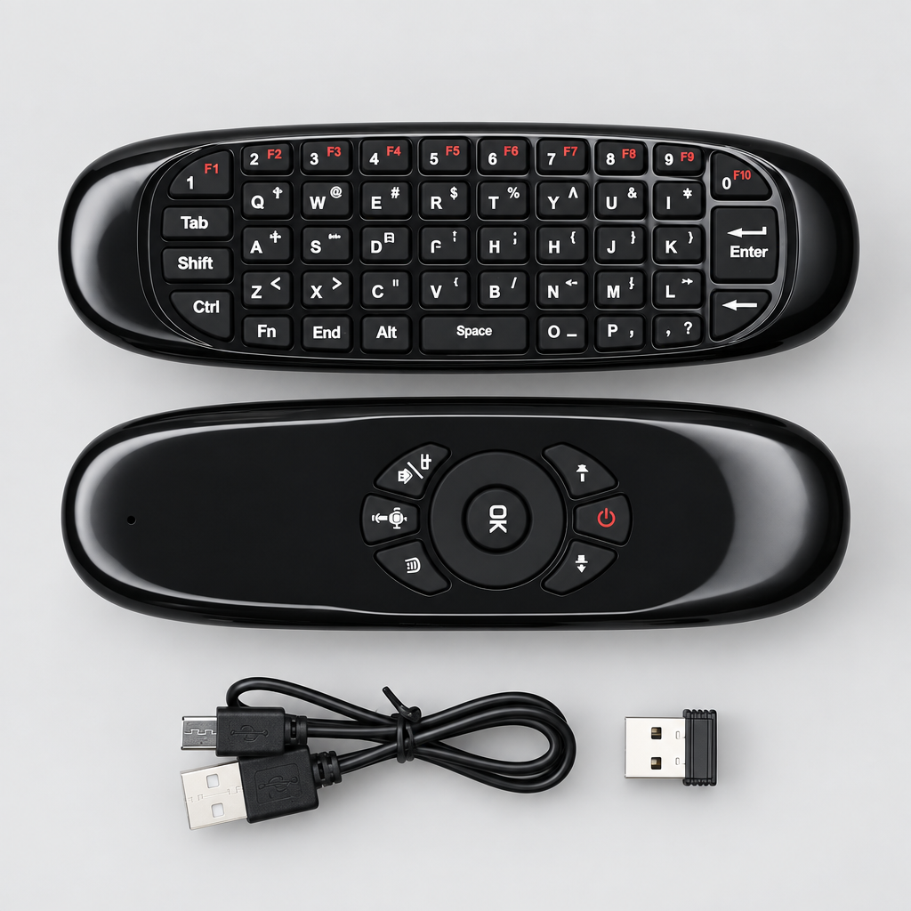 Black remote control with keyboard layout and additional buttons, accompanied by a USB cable and adapter on a wooden surface.