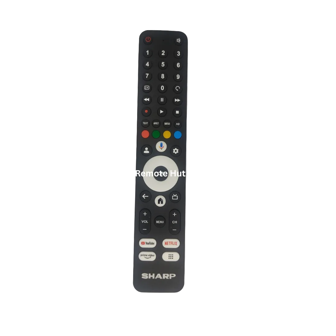 A replacement TV remote control with a black body, featuring white buttons, colorful navigation keys, and the SHARP brand name at the bottom, displayed on a light gray background.