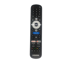 A black VISION brand TV remote control with white buttons and various colored icons, featuring visible 'Remote Hut' and platform logos, shown against a plain light background.