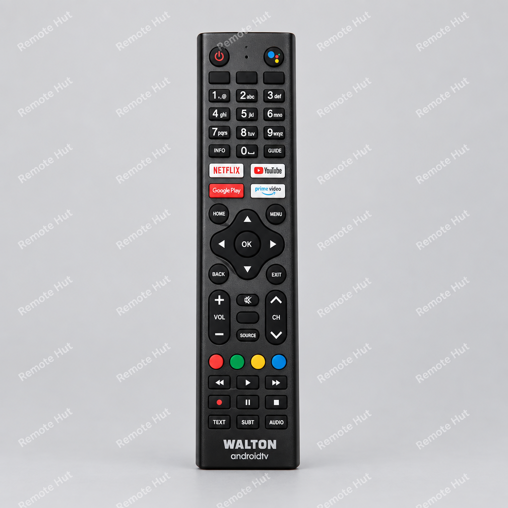 A Walton brand television remote control with various buttons, including channel numbers, volume and brightness controls, and colored icons, shown on a plain light gray background.