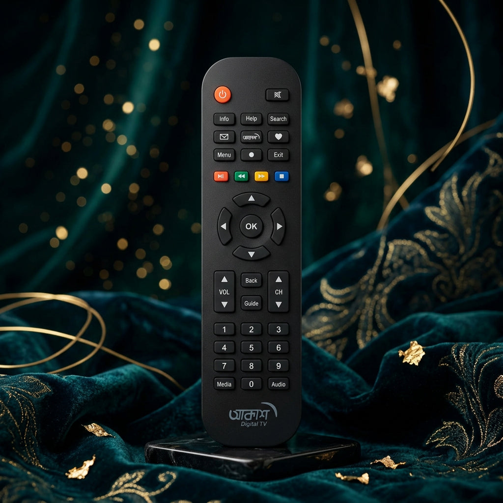 A black, plastic remote control with buttons for various TV functions such as power, volume, and channel selection, along with a numeric keypad.