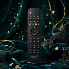 A black, plastic remote control with buttons for various TV functions such as power, volume, and channel selection, along with a numeric keypad.