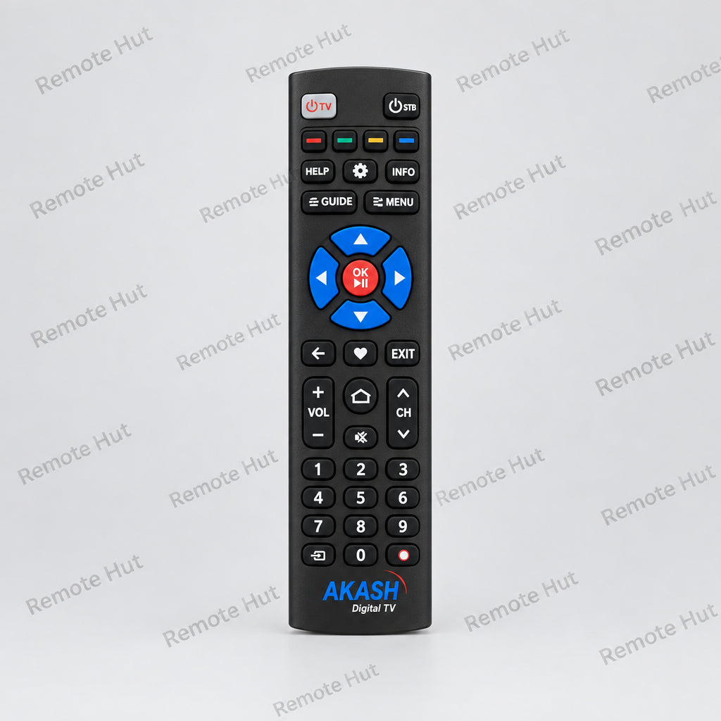 Black remote control with 'Remote Hut' branding on a white background