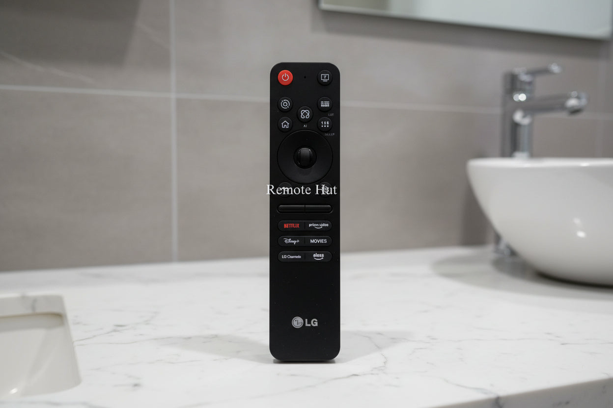 LG remote control on a wooden surface with 'Remote Hut' branding.