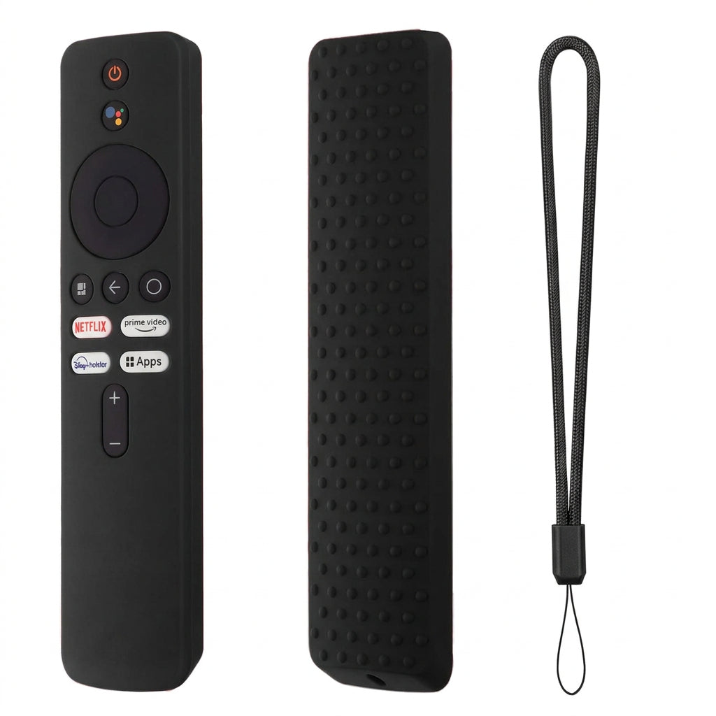 Black remote control with textured case and lanyard on a white background