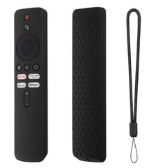 Black remote control with textured case and lanyard on a white background