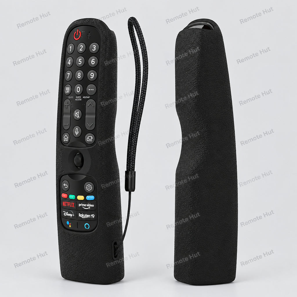 Black remote control with keypad and Amazon Alexa button, featuring a black case on a white background.