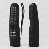 Black remote control with keypad and Amazon Alexa button, featuring a black case on a white background.