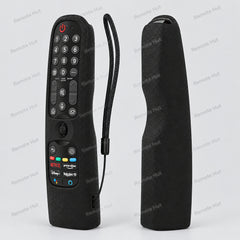 Black remote control with keypad and Amazon Alexa button, featuring a black case on a white background.