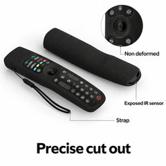 Black remote control with strap and IR sensor, showing features on a white background.