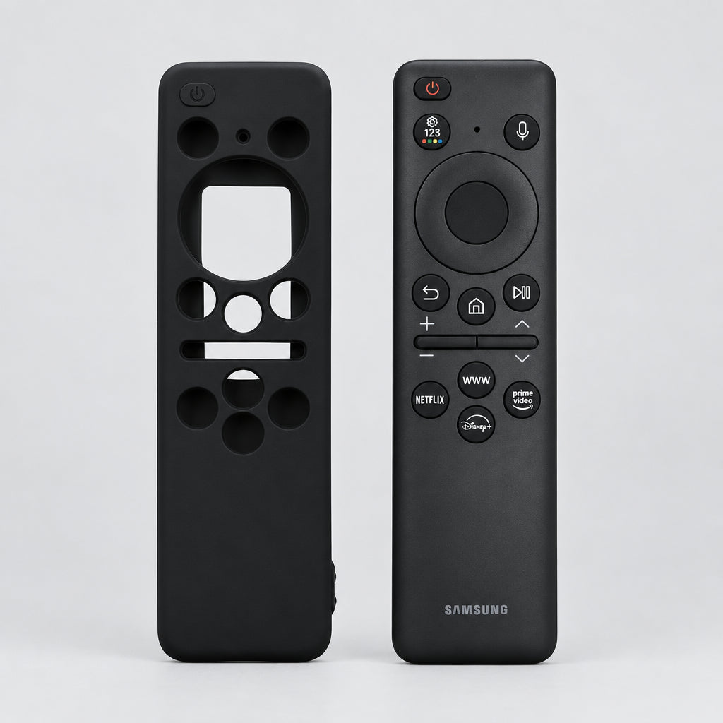 Black Samsung remote control on a white background