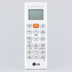 LG air conditioner remote control on a wooden surface with a blurred background